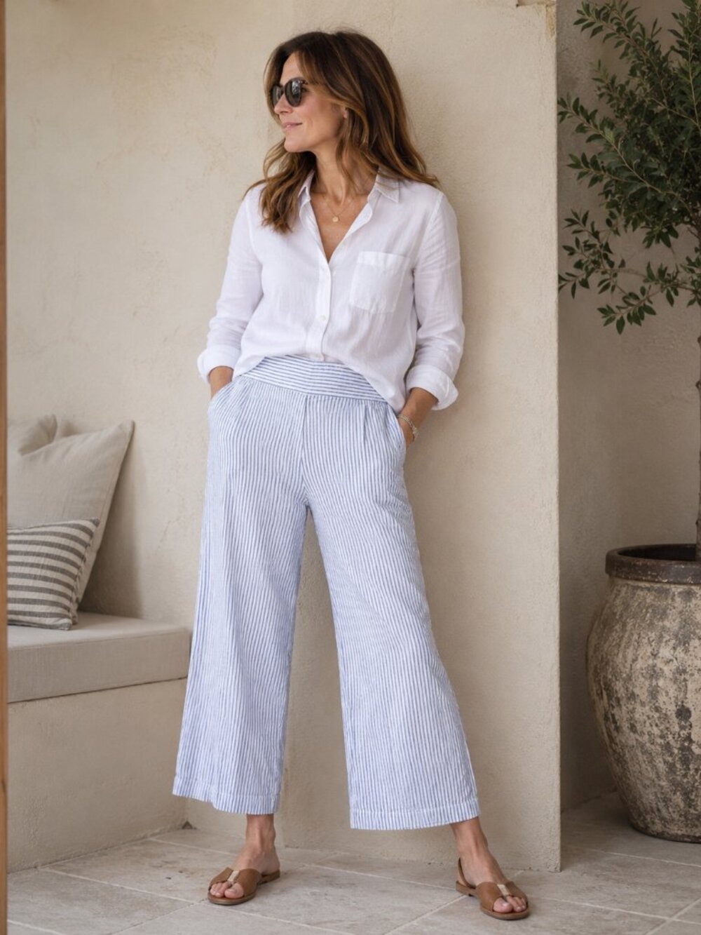 EUC Olsen Europe Anna Blue White Striped Linen Wide Leg Crop Pants Size 8